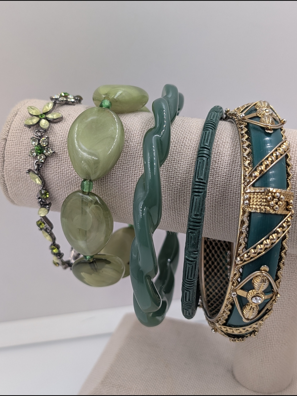 Green Bracelet Lot of 5 – Emerald Olive Faux Jade Enamel Rhinestone 0213